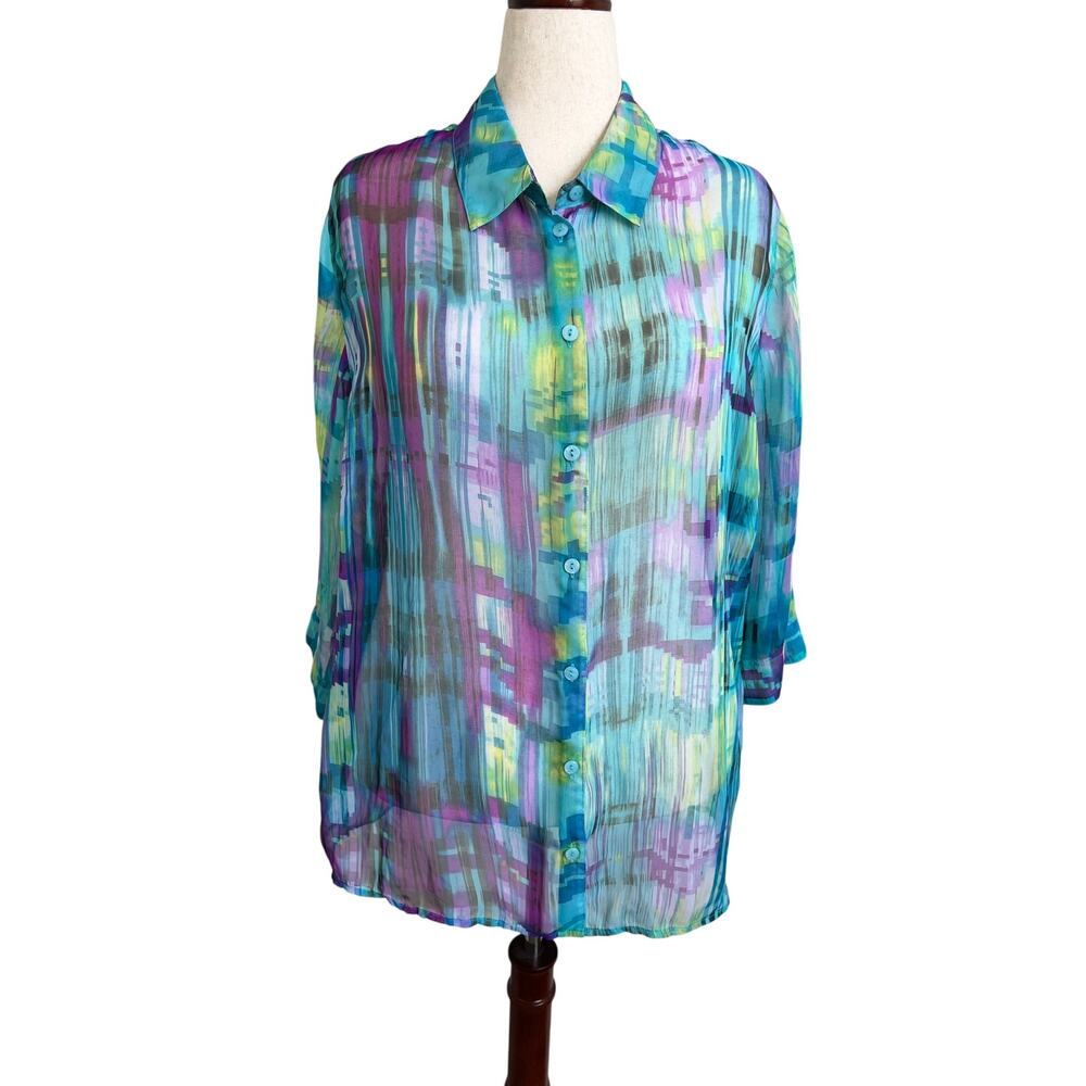 Bon Worth Watercolor 3/4 Sleeve Sheer Blouse XL